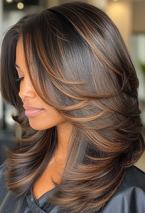 Warm Toffee Highlights on Espresso Brown Hair : Hair Colour Highlights