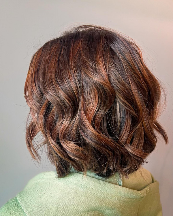 Rich Auburn Highlights on Dark Brown Base Wavy Bob