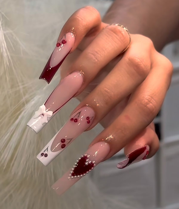 36 Cute Valentine’s Day Nails : Elegant Deep Red Glam Acrylic Nails