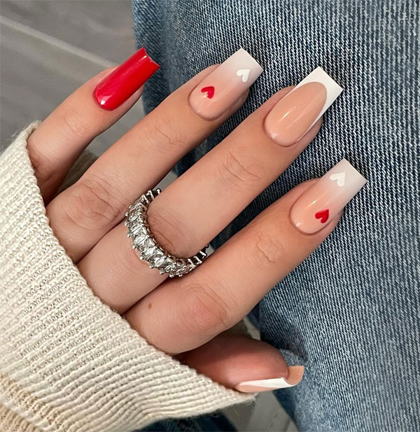 36 Cute Valentine’s Day Nails : Ombre French with Love Hearts