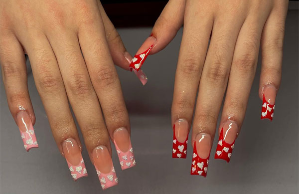 Half Red Half Pink French Tip with Hearts Valentine’s Day Nails