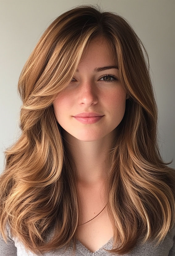 32 Teddy Bear Brunette Hair Colour Ideas : Golden Caramel Layers with Curtain Bangs