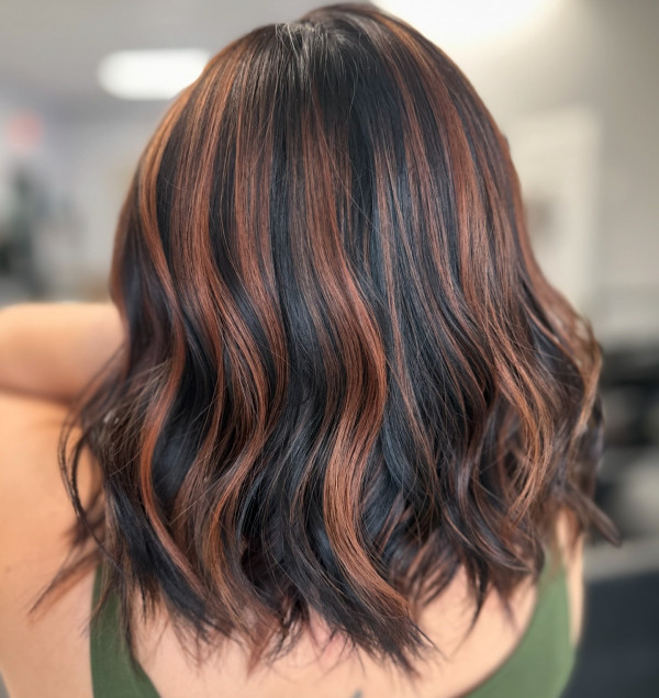 Copper Highlights on Jet Black Shoulder-Length Waves, Hair Colour Highlights, Hair colour highlights for brown hair, Hair colour highlights and lowlights