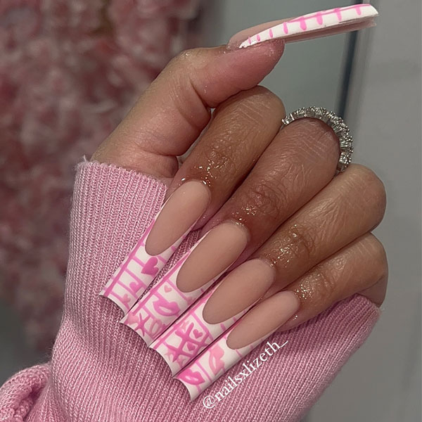 30 Valentine’s Day Nails Acrylic : White Tips with Pink Love Letters