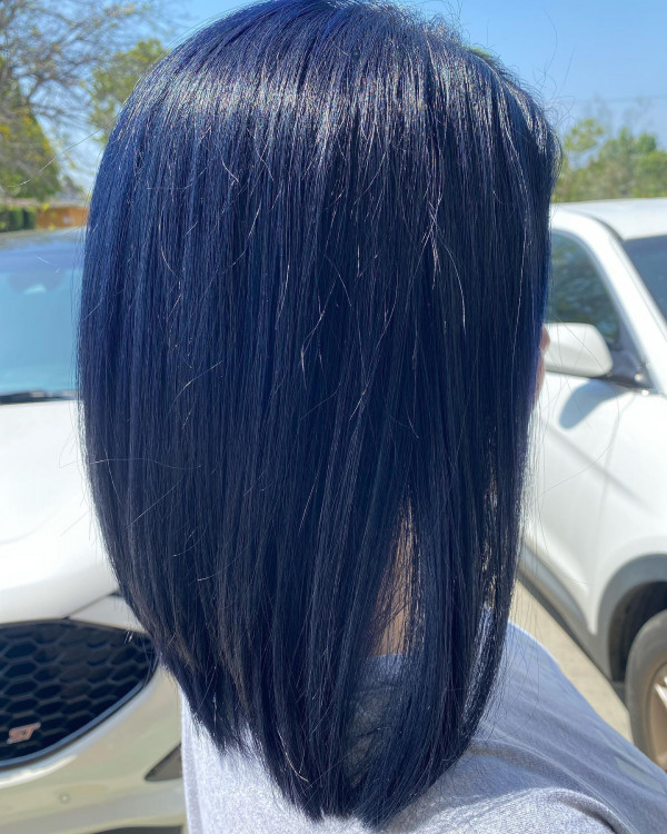 Sleek Sapphire Straight Sharp Lob, Dark Blue Hair Colour , Dark Blue Hair Colour Ideas, dark blue hair