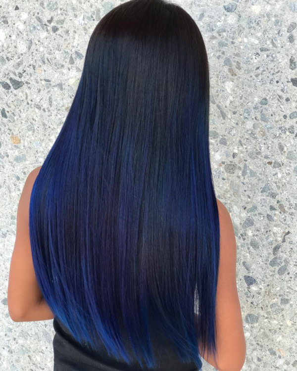 27 Stunning Dark Blue Hair Colour Ideas : Sleek Straight Long Midnight Ombre Elegance