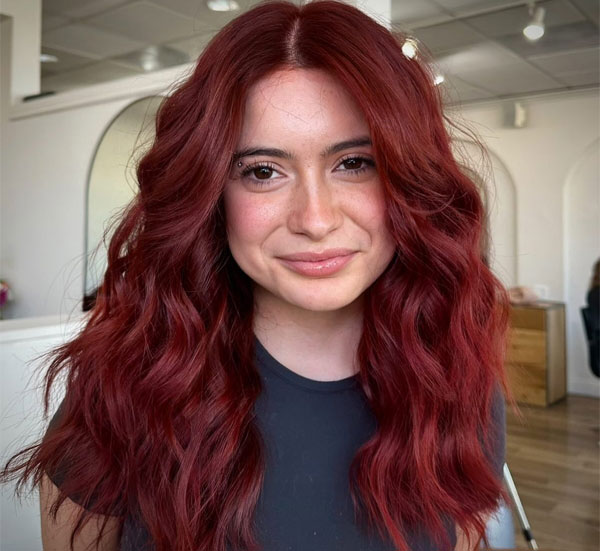 41 Red Hair Colours You’ll Adore: Rich Mulled Wine Long Hairstyle