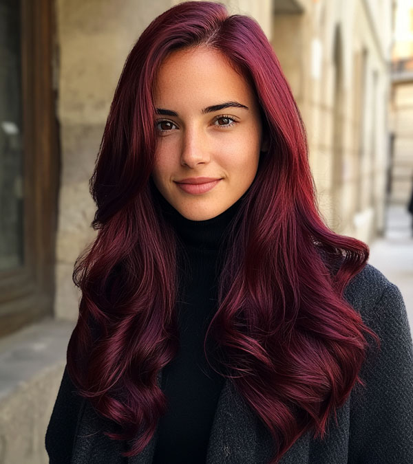 30 Cherry Hair Colour Ideas : Radiant Cherry Wine Long Wavy Hair