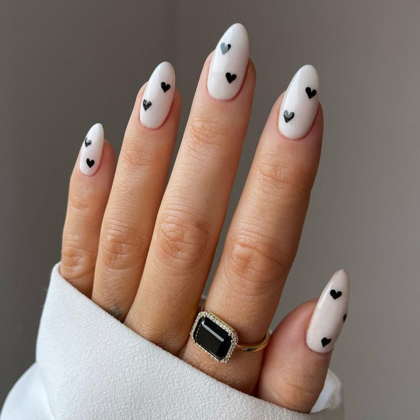 Monochrome Love Heart Valentine's Day Nails, Valentine's Day Nails, cute Valentine's Day Nails, Valentine nails designs, Valentine nails acrylic