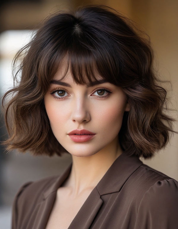 23 French Hairstyles for Effortless Chic Style : Soft Wavy Bob with Curtain Bangs