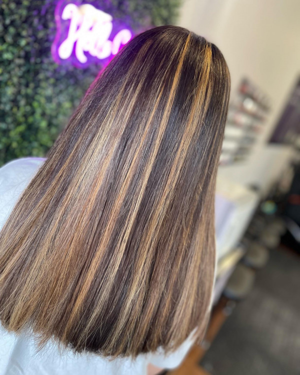 Honey Blonde Highlights on Sleek Brunette Hair, Hair Colour Highlights, Hair colour highlights for brown hair, Hair colour highlights and lowlights