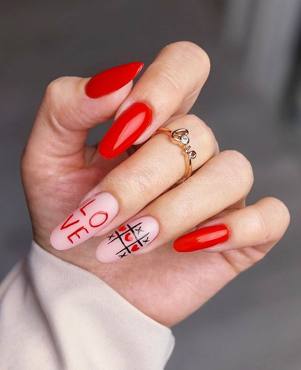 36 Cute Valentine’s Day Nails : Almond-Shaped Love Tic-Tac-Toe Nails