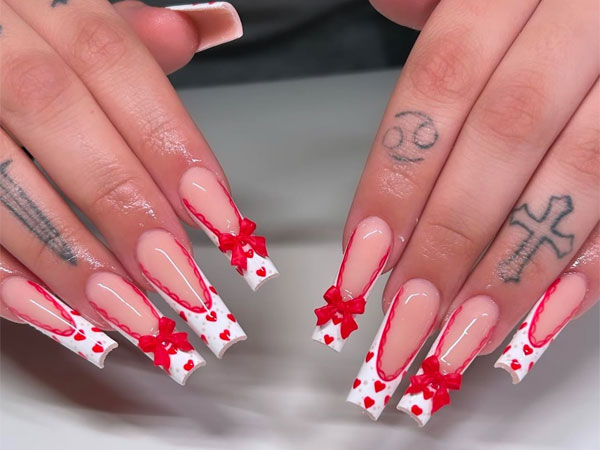 36 Cute Valentine’s Day Nails : Acrylic White Tip Nails with Bows & Red Hearts