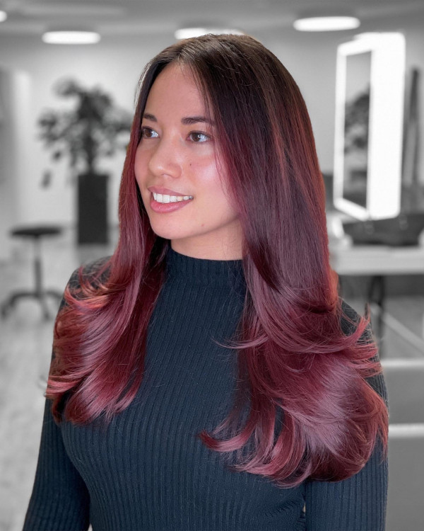 30 Cherry Hair Colour Ideas : Cherry Blossom Ombre Long Straight Layers