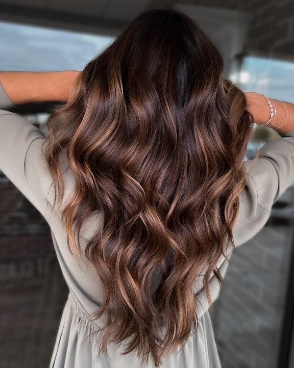 Glossy Chocolate Brown Waves with Subtle Caramel Highlights, hair colour highlights, hair colour highlights on brown hair, hair colour