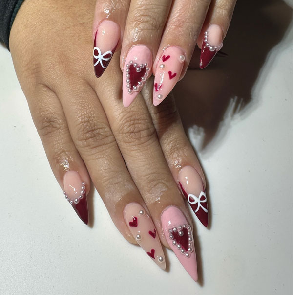 Pearl and Red Heart Stiletto Nails, valentine's day nails, valentines nails