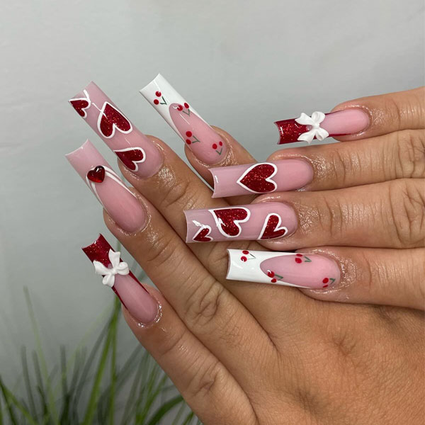 30 Valentine’s Day Nails Acrylic : Cherries, Red Hearts & Bow Coffin Nails