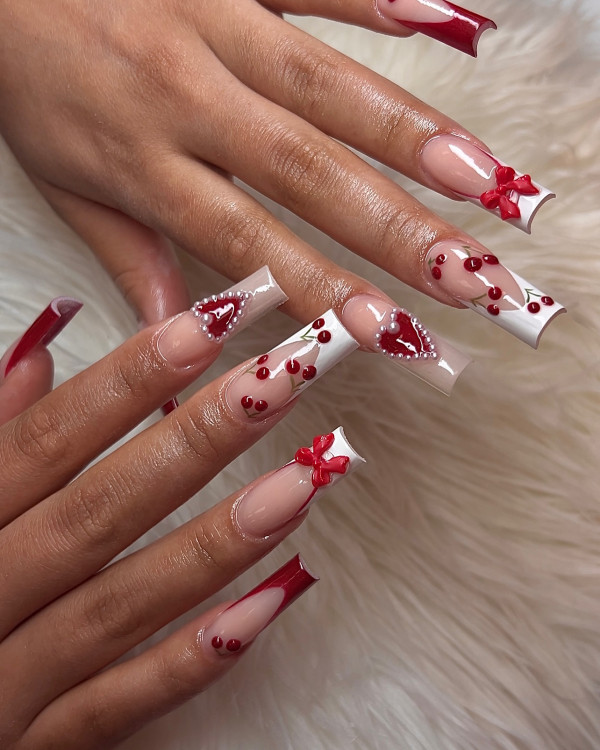 30 Valentine’s Day Nails Acrylic : Red and White Tips with Pearl-Outline Hearts