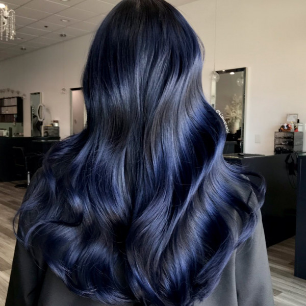 27 Stunning Dark Blue Hair Colour Ideas : Midnight Sapphire Balayage on Long Black Hair 