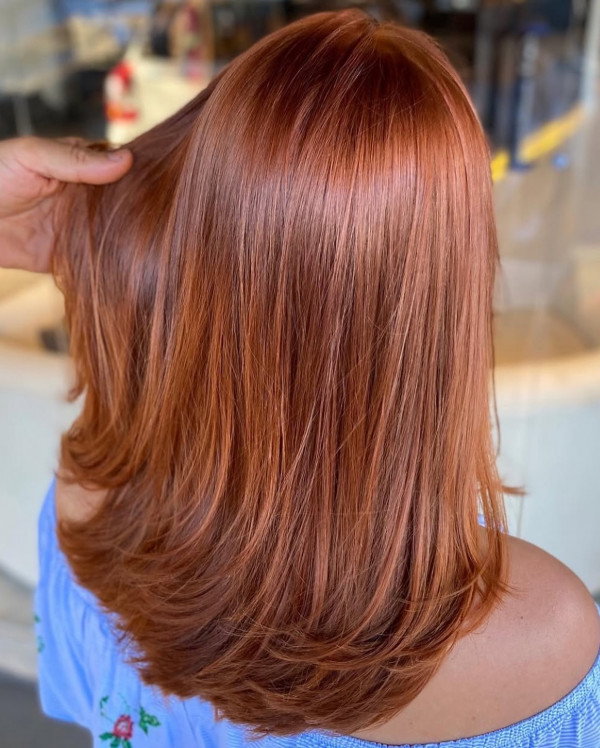 50 Stunning Warm Hair Colour Ideas : Soft Copper Straight Layered Medium-Length Hairstyle