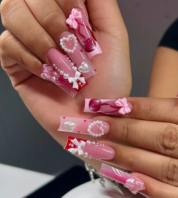 30 Valentine’s Day Nails Acrylic : 3D Bow & Pearl Embellished Coffin Nails