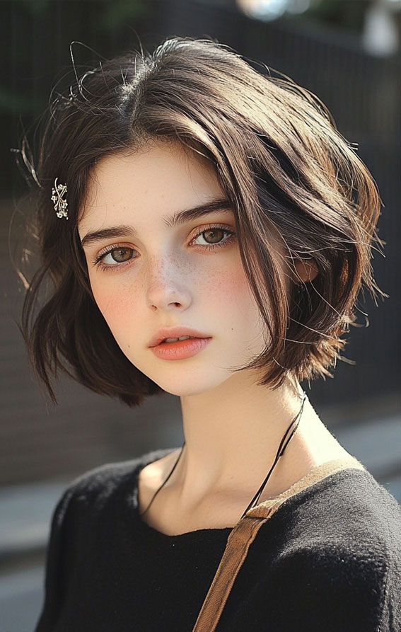 37 Best Short Bob Hairstyles : Soft Wavy Textured Bob Deep Chocolate Hair Colour