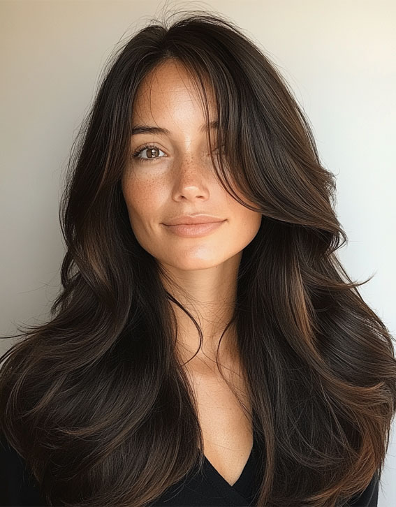 25 Beautiful Espresso Brunette Hair Colour Ideas : Voluminous Long Layers with Curtain Bangs