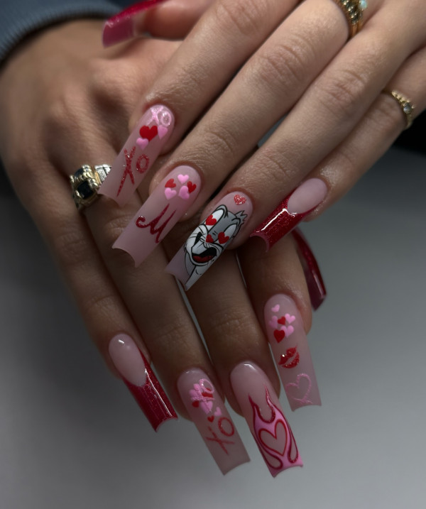 30 Valentine’s Day Nails Acrylic : Cute Cartoon Lover Coffin Nails