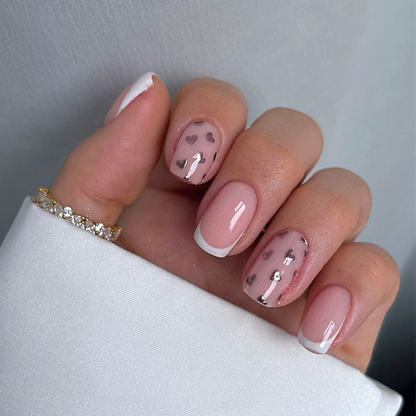 36 Cute Valentine’s Day Nails : Modern French Tips with Rose Gold Chrome Hearts