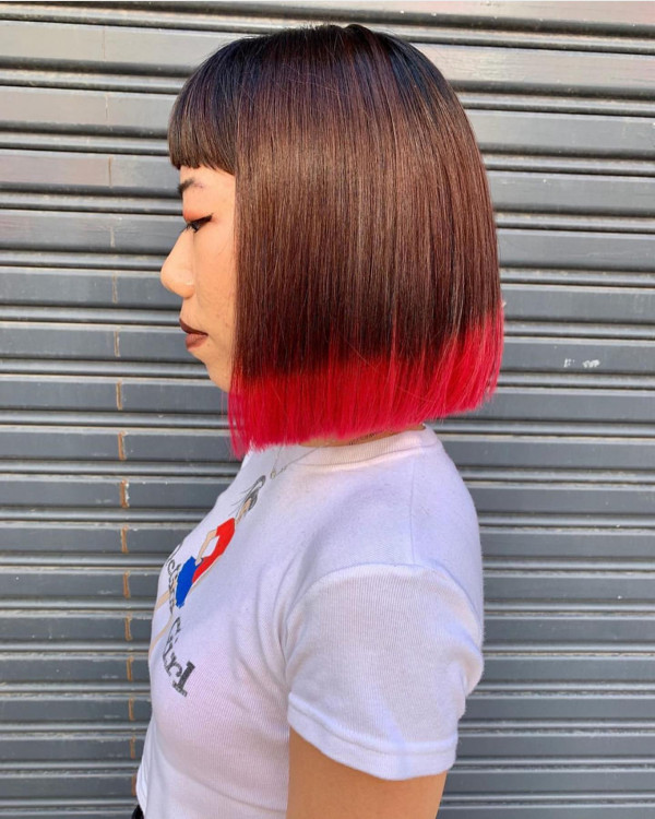 Cherry-Dipped Blunt Bob, Hair Colours with Dip-Dye Ends, Hair Colour Ideas with Dip-Dye Tips, dip-dyed hair colour ideas, dip dye hair