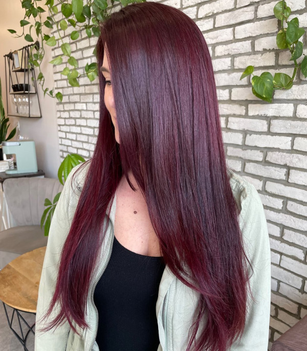 30 Cherry Hair Colour Ideas : Sleek Mulled Cherry Long Straight Layers