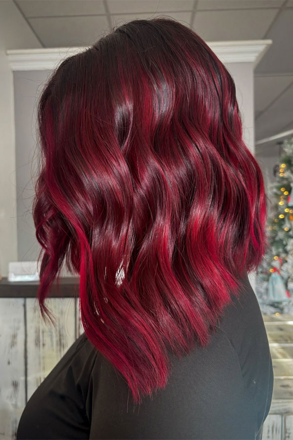 41 Red Hair Colours You’ll Adore: Cherry Noir A-Line Wavy Lob