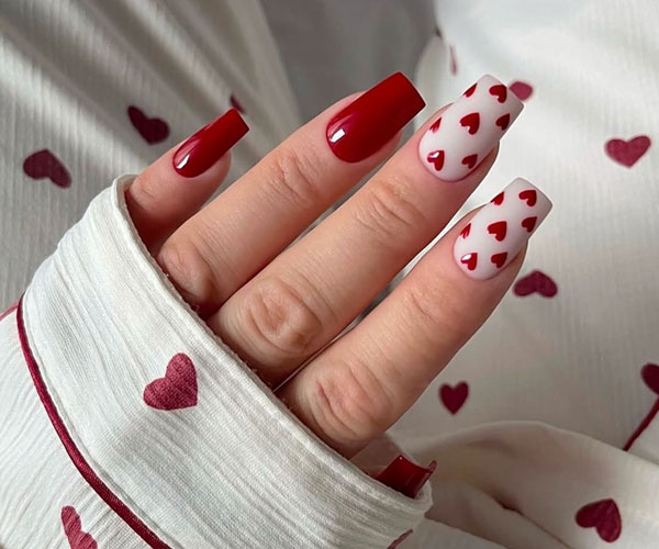 Red and Heart Accent Nails, valentine's day nails, valentines nails