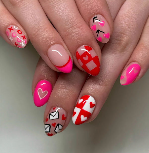 36 Cute Valentine’s Day Nails : Playful Valentine’s Mix & Match Nails