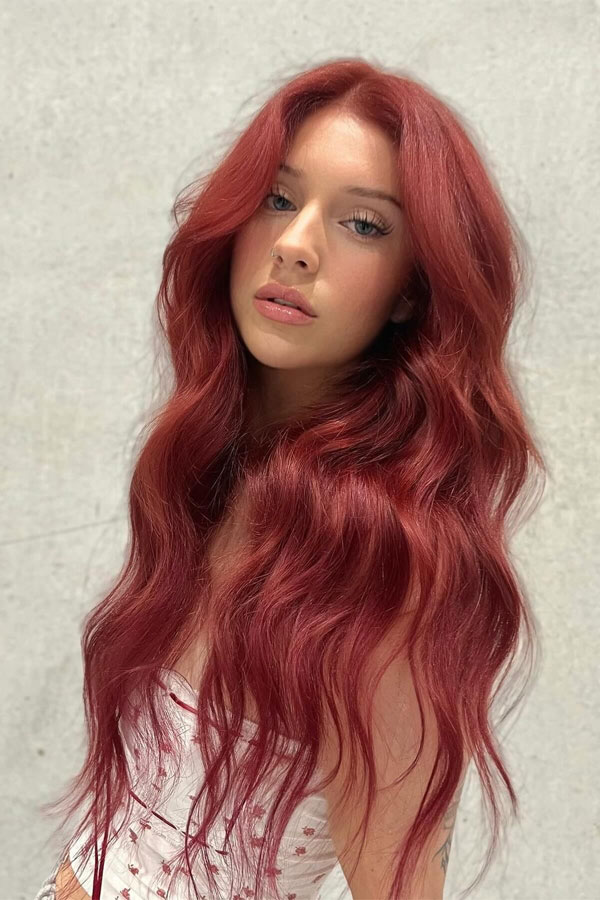 41 Red Hair Colours You’ll Adore: Rusty Red Long Loose Waves