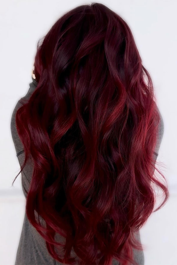 41 Red Hair Colours You’ll Adore: Midnight Cranberry Long Loose Waves