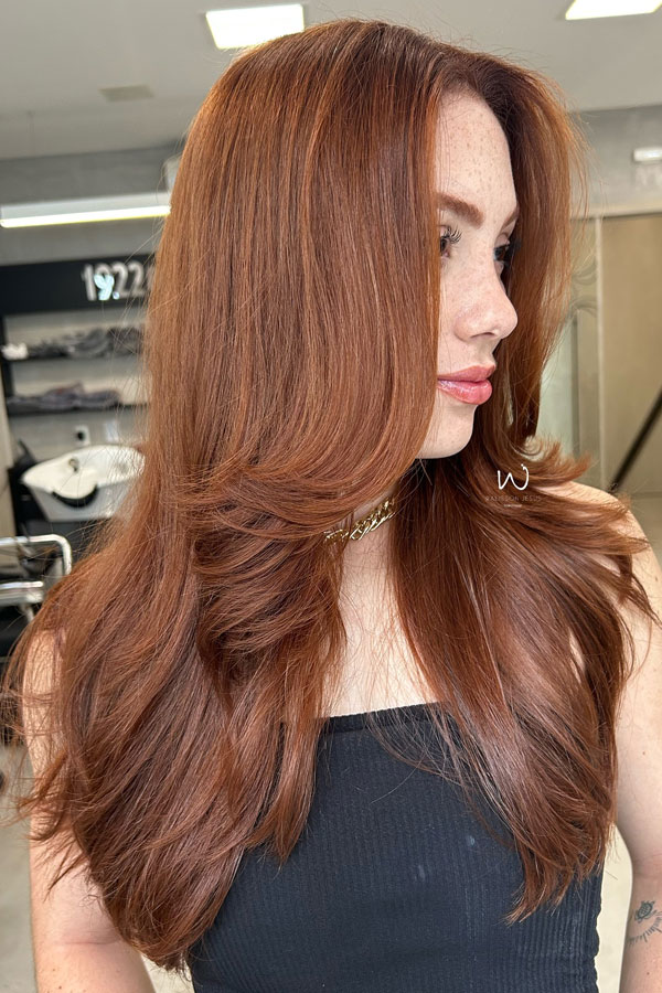 50 Stunning Warm Hair Colour Ideas : Rich Chestnut Cinnamon Long Layers with Curtain Bangs