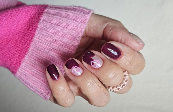 36 Cute Valentine’s Day Nails : Berry and Pink Heart Short Nails