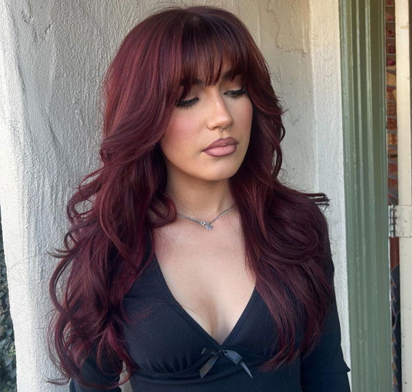 30 Cherry Hair Colour Ideas : Romantic Deep Cherry Layers with Bangs