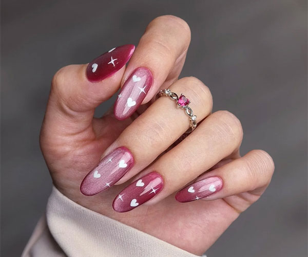 Romantic Shimmering Burgundy Nails with Love Hearts, Valentine's nail art, Valentines nails, Valentine's day nails, acrylic nails