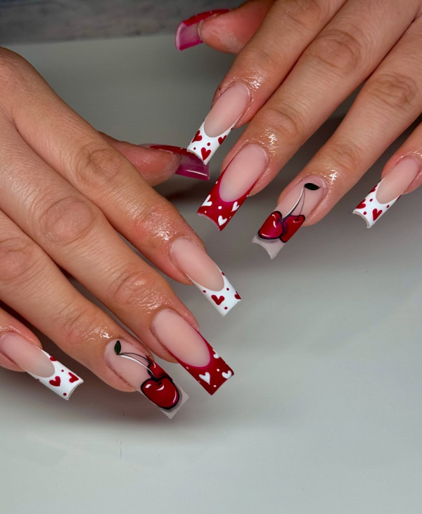 30 Valentine’s Day Nails Acrylic : Red and White Tip with Cherries & Hearts