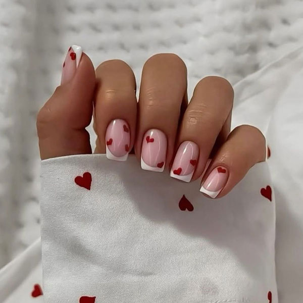 36 Cute Valentine’s Day Nails : Classic French Manicure with Red Love Hearts 