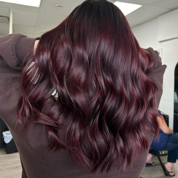 30 Cherry Hair Colour Ideas : Glossy Black Cherry Wavy Long Hairstyle