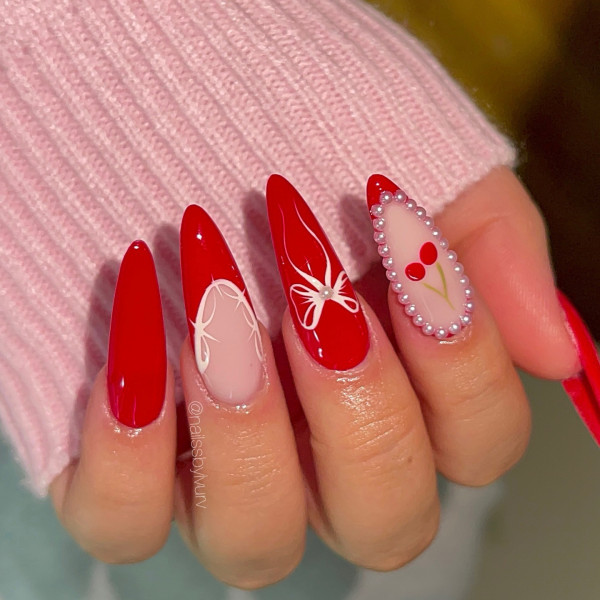 30 Valentine’s Day Nails Acrylic : Bold Red Nails with Cherry & Bows