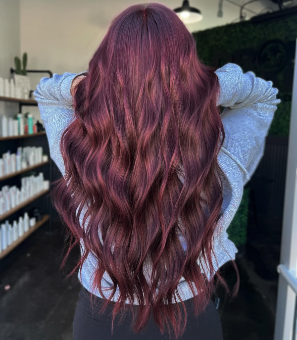 30 Cherry Hair Colour Ideas : Cascading Berry Cherry Long Hair with Waves