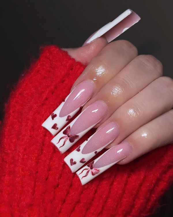 30 Valentine’s Day Nails Acrylic : White French Tips with Bows & Red Hearts