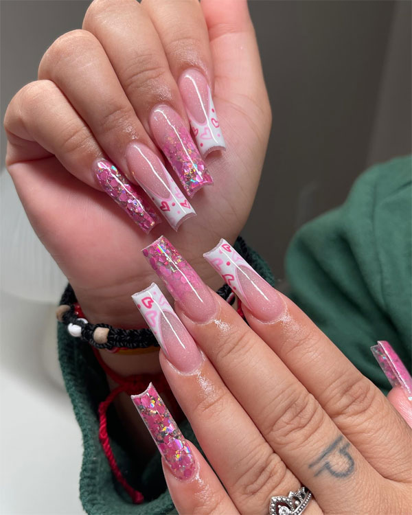 Pink Confetti Acrylic Long Coffin Nails, Valentine's nail art, Valentines nails, Valentine's day nails, almond nails