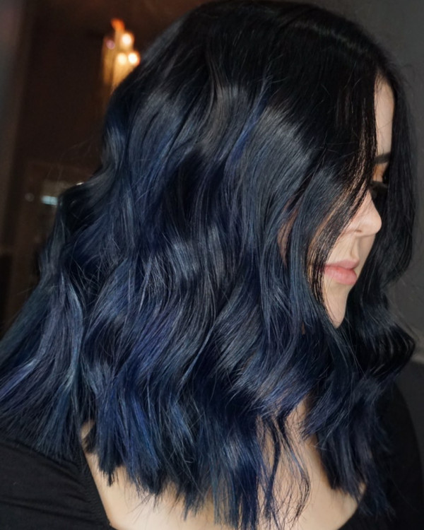 Sapphire Tousled  Wavy Long Bob , Dark Blue Hair Colour , Dark Blue Hair Colour Ideas, dark blue hair