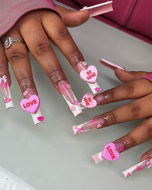 36 Cute Valentine’s Day Nails : 3D Sweetheart Candy Valentine Nails Acrylic