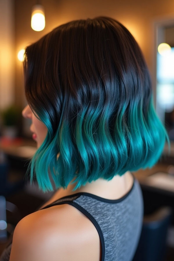 22 Trendy Hair Colours with Dip-Dye Ends : Teal Dip-Dyed Glossy Dark Brunette Bob